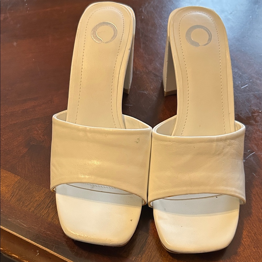 Women's Cream Square-Toe Slide Mules with Block Heel
